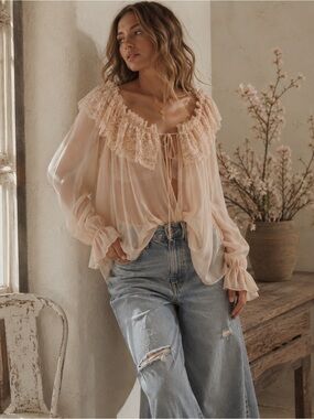 Vintage Versailles Blush Lace Ruffle Tunic Blouse | Sheer Boho Mini Dress